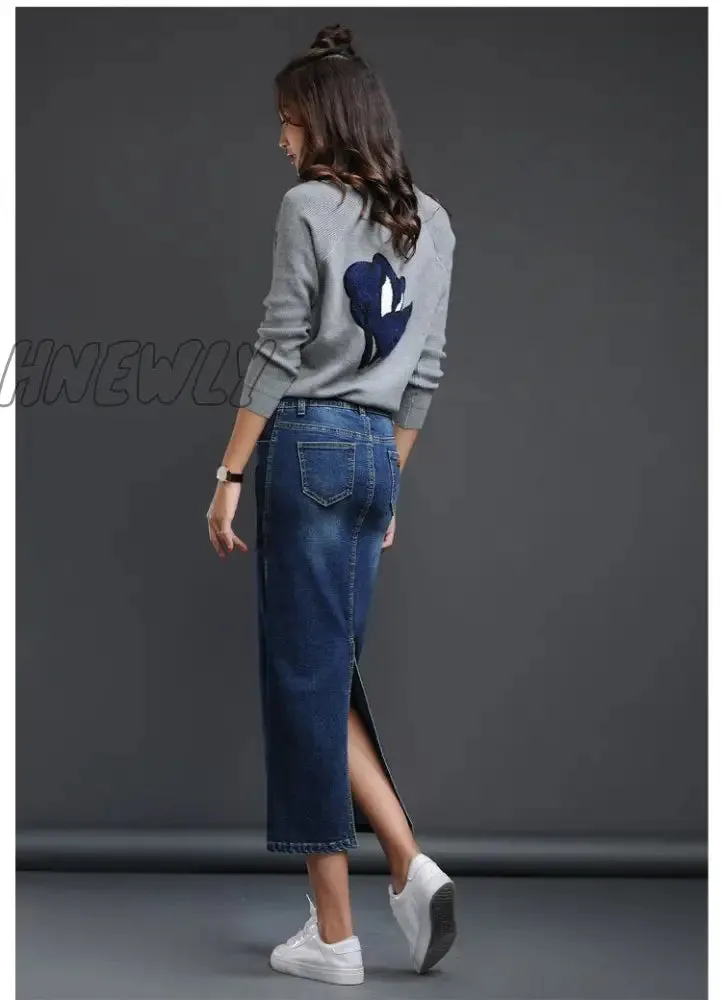 Hnewly Classic Denim Skirt Women Long Jean Skirt High Waist Pencil Skirt Ladies Stretch Black Blue Faldas Largas Jupe Longue Femme