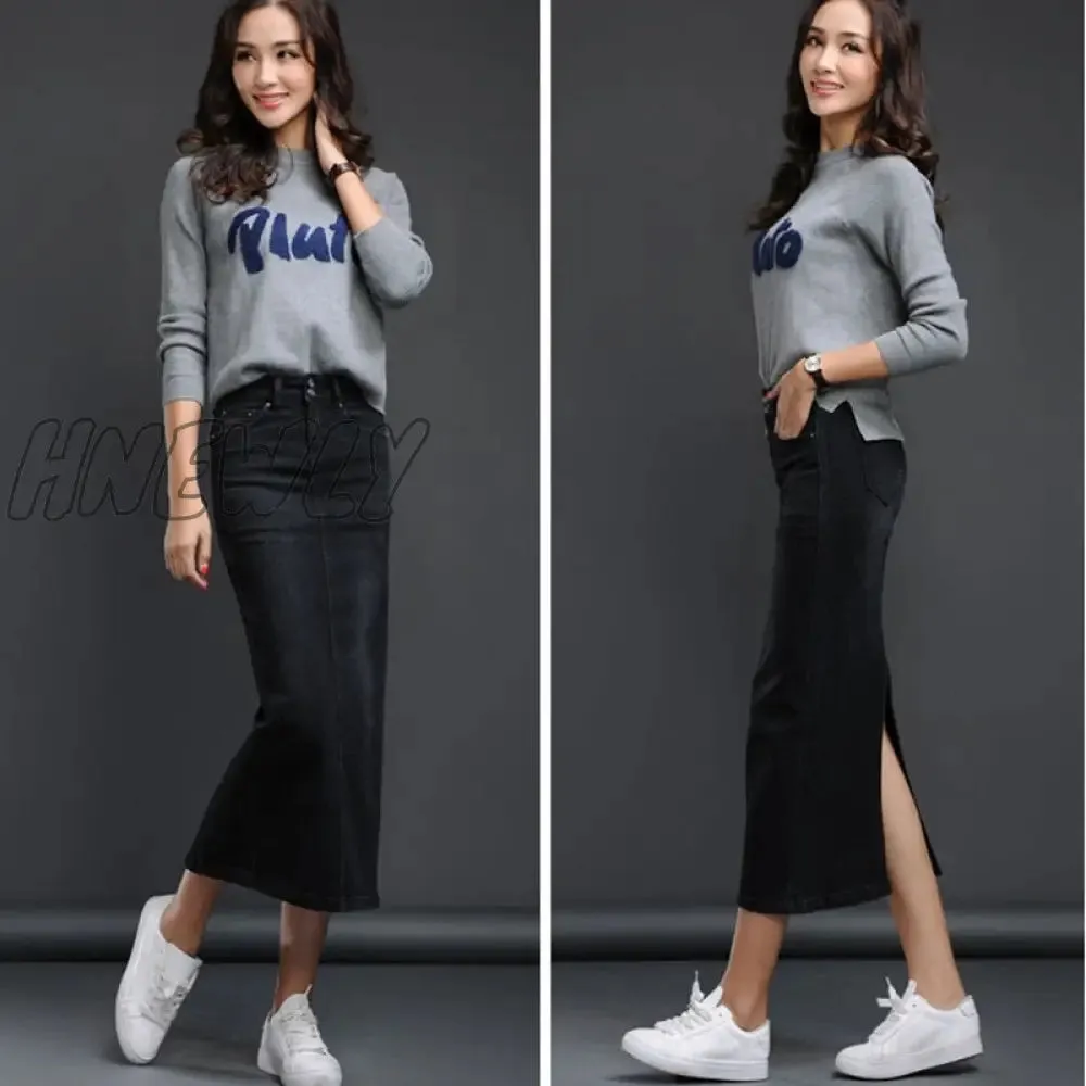 Hnewly Classic Denim Skirt Women Long Jean Skirt High Waist Pencil Skirt Ladies Stretch Black Blue Faldas Largas Jupe Longue Femme