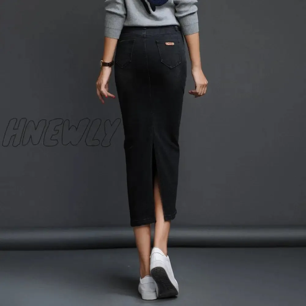 Hnewly Classic Denim Skirt Women Long Jean Skirt High Waist Pencil Skirt Ladies Stretch Black Blue Faldas Largas Jupe Longue Femme