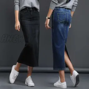 Hnewly Classic Denim Skirt Women Long Jean Skirt High Waist Pencil Skirt Ladies Stretch Black Blue Faldas Largas Jupe Longue Femme