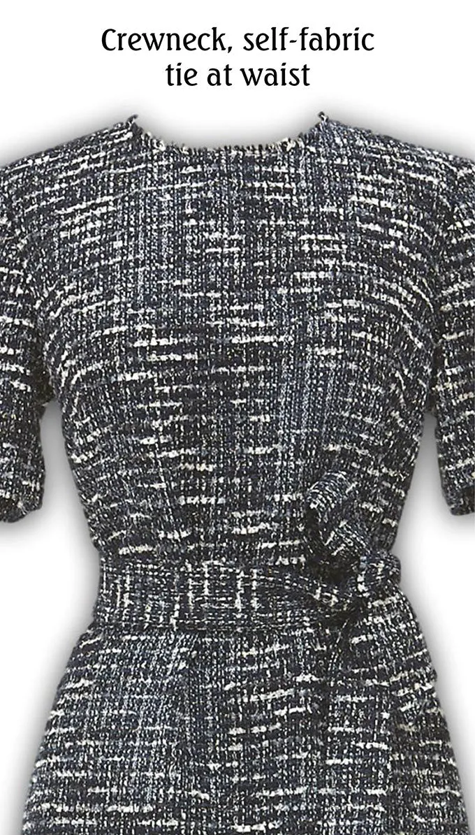 J. Peterman Women's Classic Fit Belted Short Sleeve Crewneck Wool Blend Tweed Dress - Navy and White