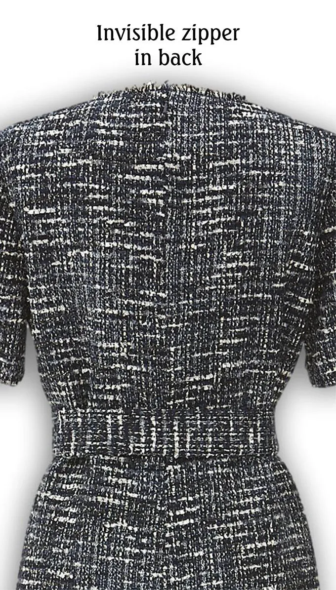 J. Peterman Women's Classic Fit Belted Short Sleeve Crewneck Wool Blend Tweed Dress - Navy and White