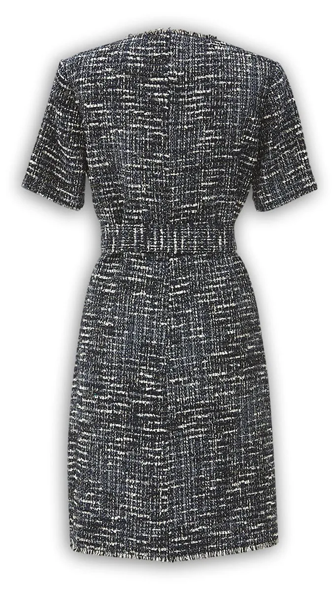 J. Peterman Women's Classic Fit Belted Short Sleeve Crewneck Wool Blend Tweed Dress - Navy and White