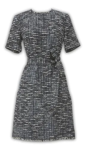 J. Peterman Women's Classic Fit Belted Short Sleeve Crewneck Wool Blend Tweed Dress - Navy and White