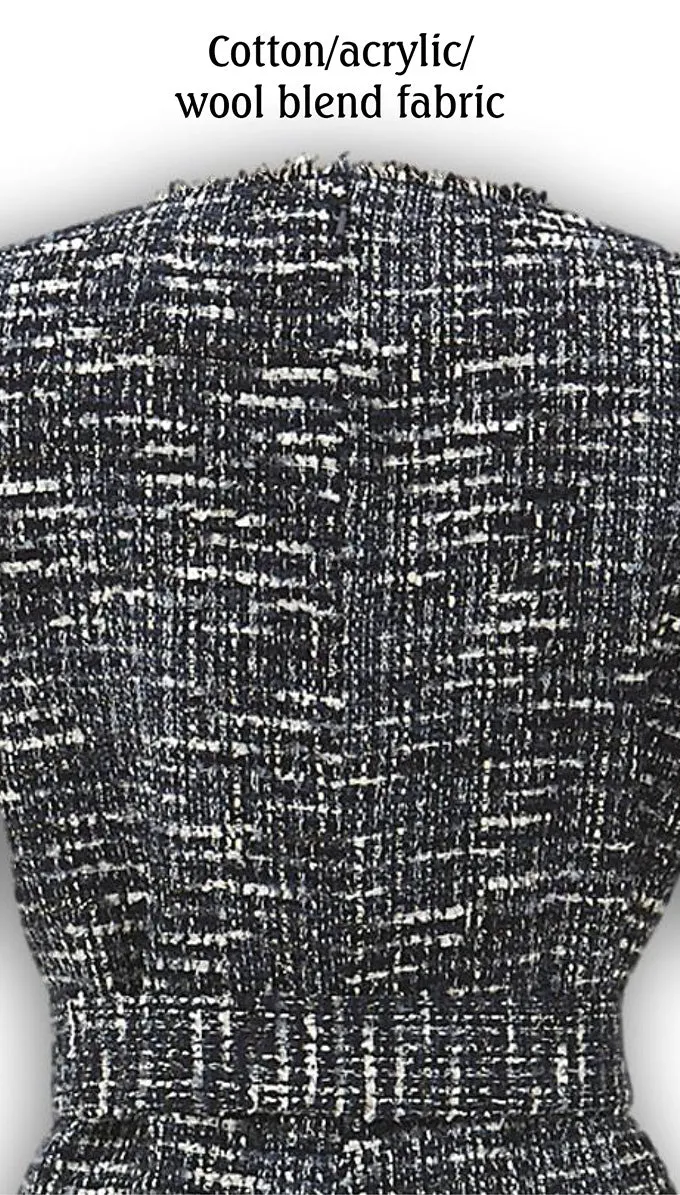 J. Peterman Women's Classic Fit Belted Short Sleeve Crewneck Wool Blend Tweed Dress - Navy and White