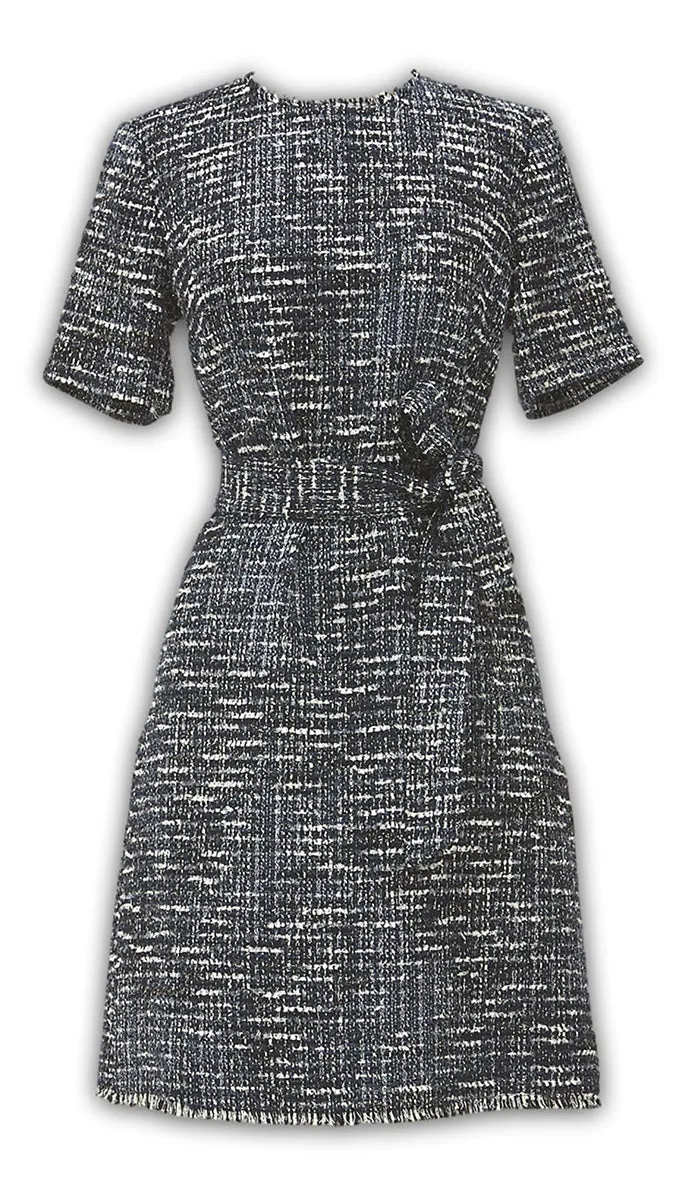 J. Peterman Women's Classic Fit Belted Short Sleeve Crewneck Wool Blend Tweed Dress - Navy and White
