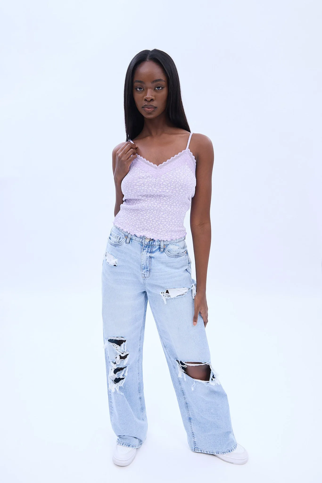 Jaquard Ribbed Lace Trim Camisole