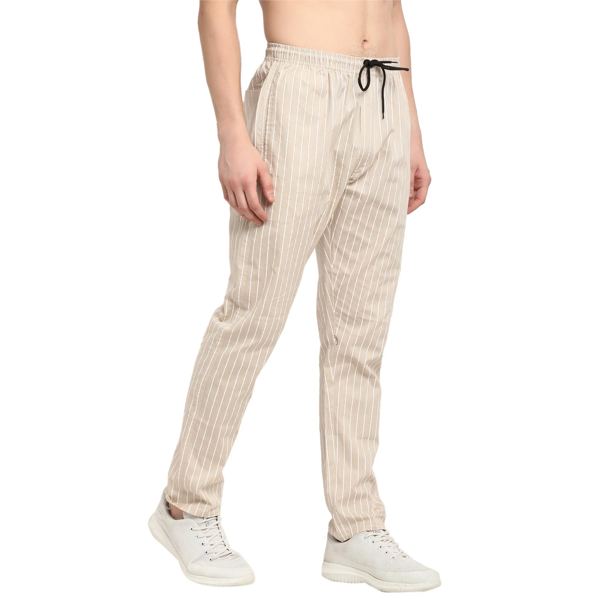 Jashvi Men's Beige Cotton Striped Track Pants