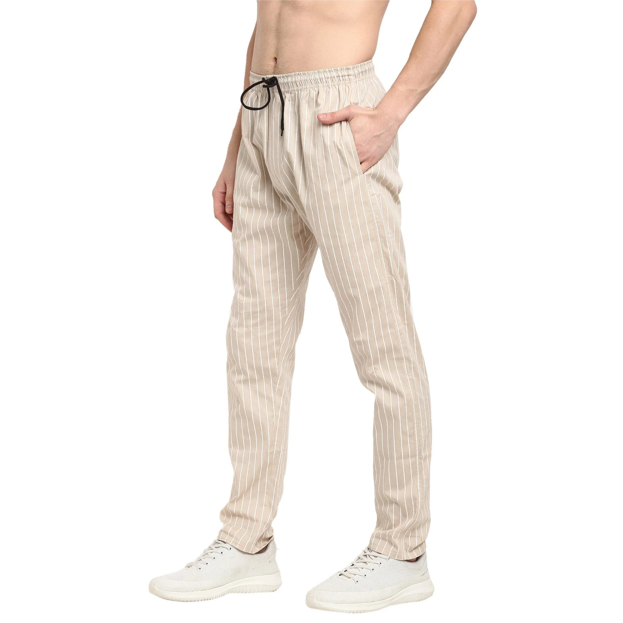 Jashvi Men's Beige Cotton Striped Track Pants