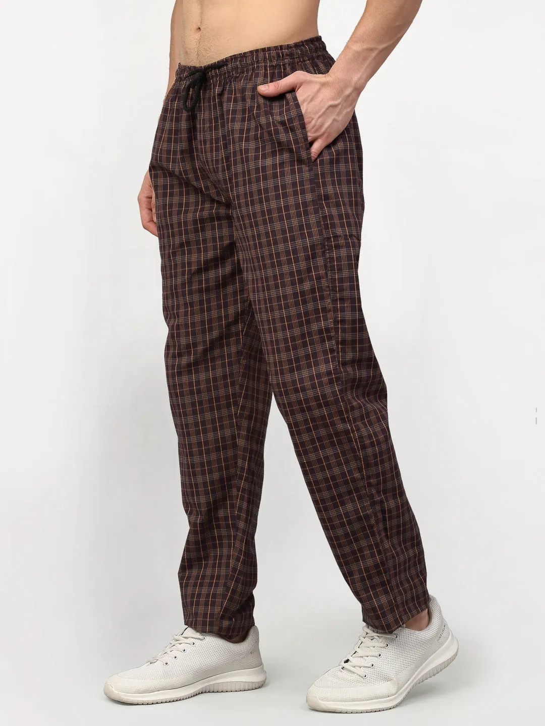 Jashvi Men's Brown Cotton Checked Track Pants