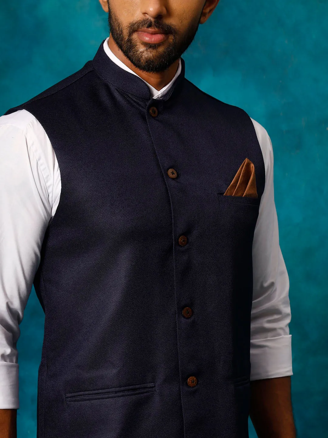 Jashvi Men's Navy Blue Woven Nehru Jacket