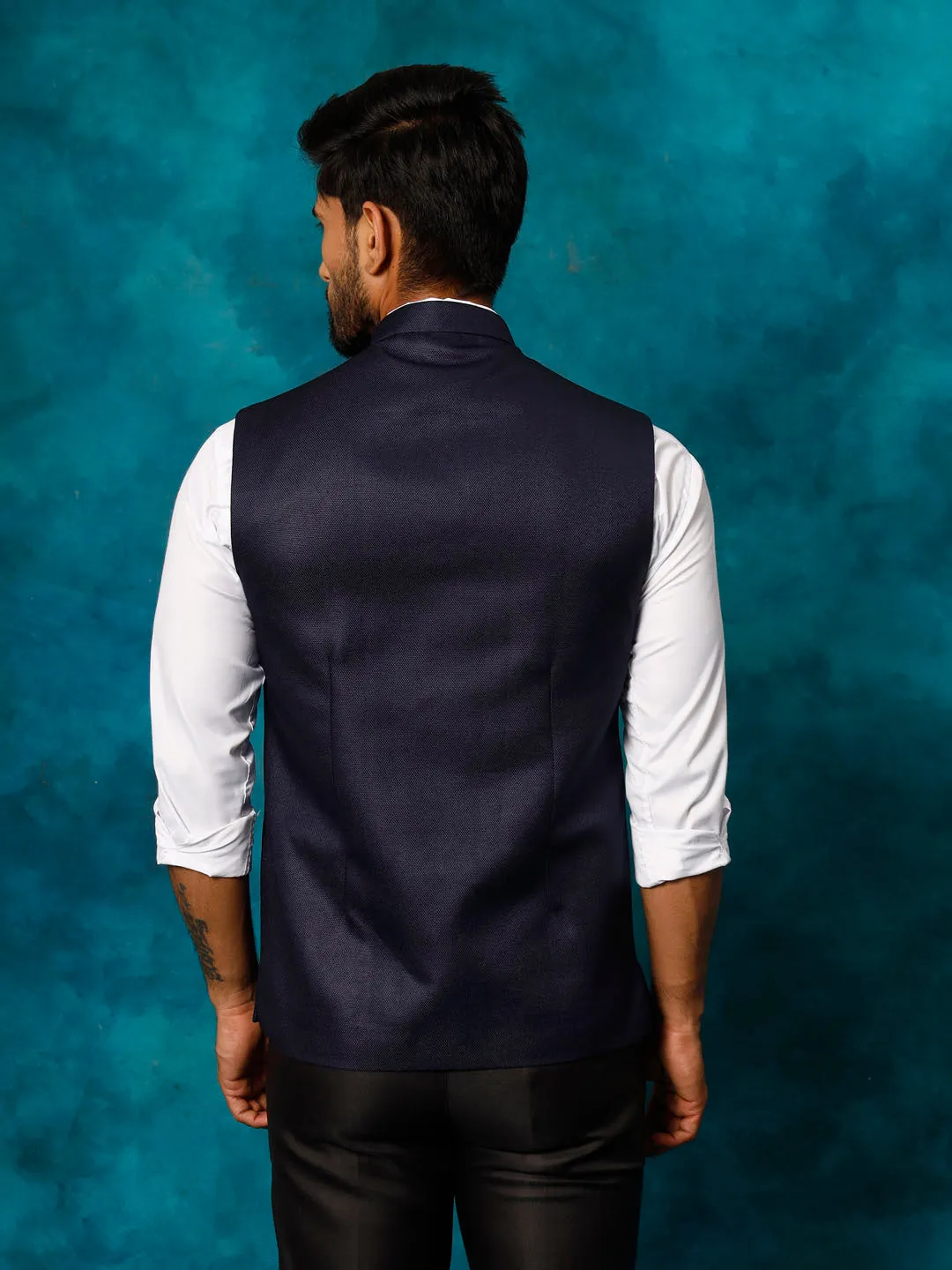Jashvi Men's Navy Blue Woven Nehru Jacket