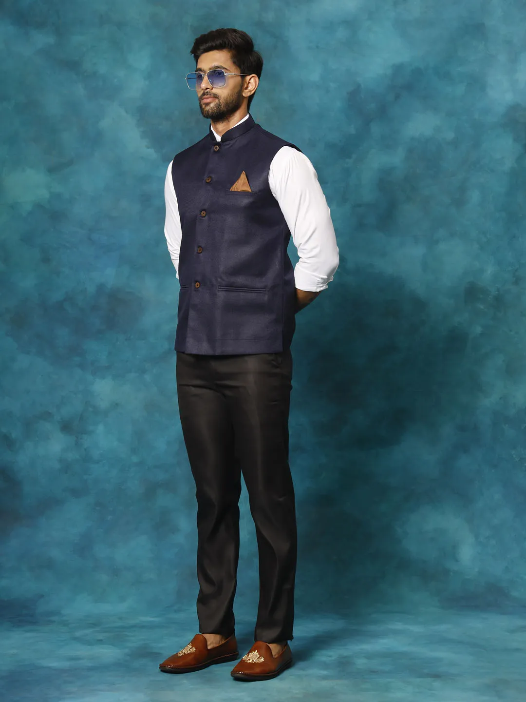 Jashvi Men's Navy Blue Woven Nehru Jacket