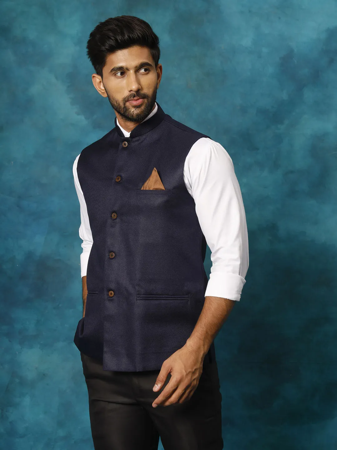 Jashvi Men's Navy Blue Woven Nehru Jacket