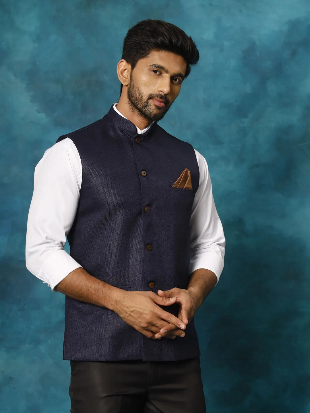 Jashvi Men's Navy Blue Woven Nehru Jacket