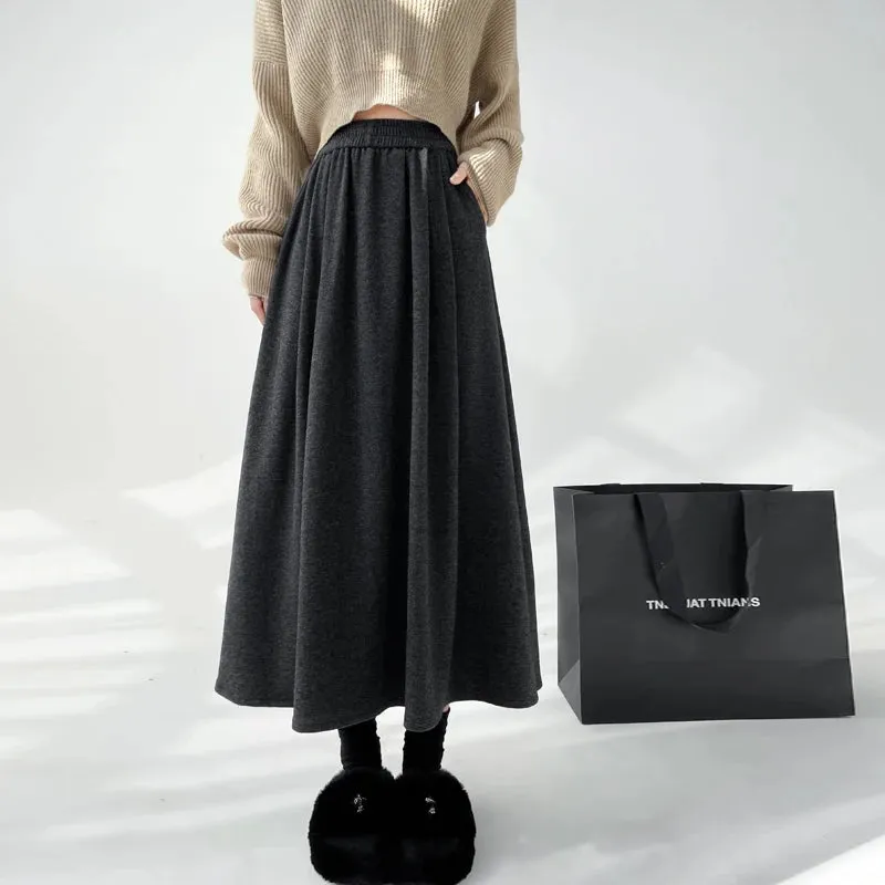 Khaki High Waist Chic Pockets Women's Skirts Simple Office Lady Solid Color Loose Casual Fashion Female Skirt Grey Black