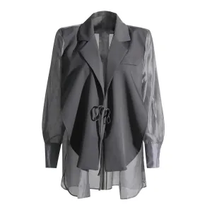 Lace Up Blazer For Women Notched Collar Long Sleeve Patchwork Sheer Mesh Solid Blazers Female Clothing Fashion