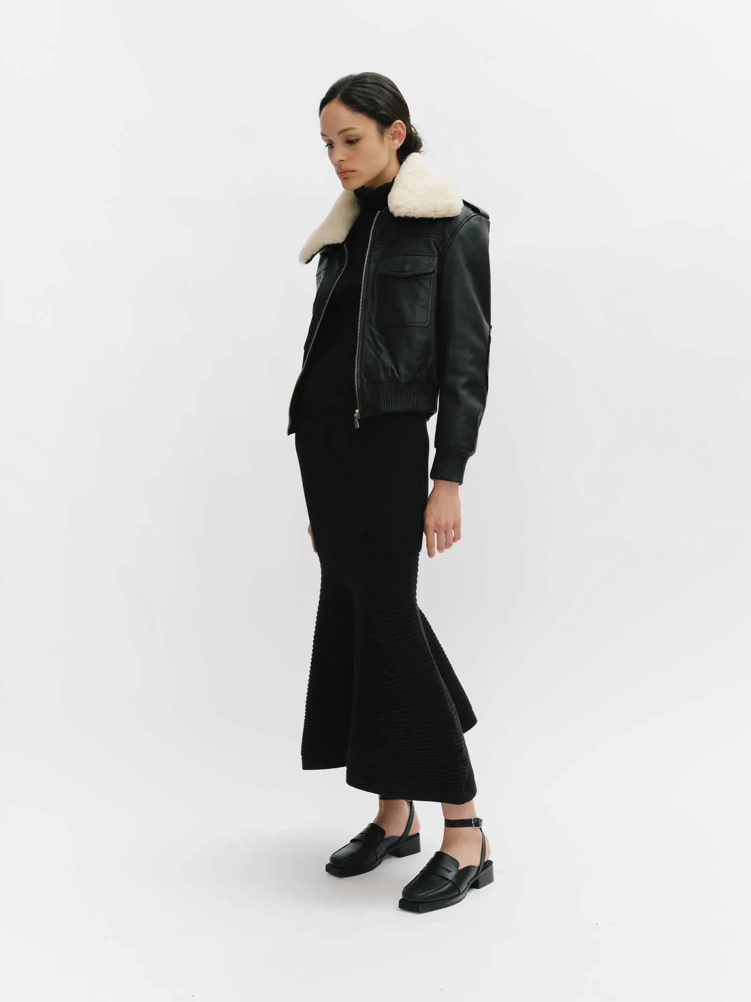 Leather bomber with shearling collar