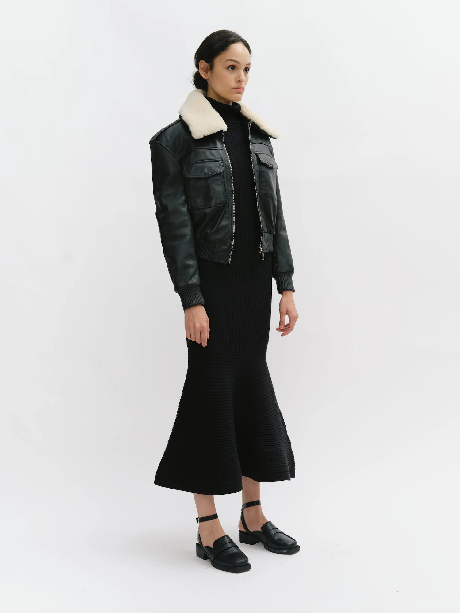 Leather bomber with shearling collar