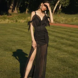 Long Dress With Pleated Decor With Drawstrings & Ruched Detail on Front