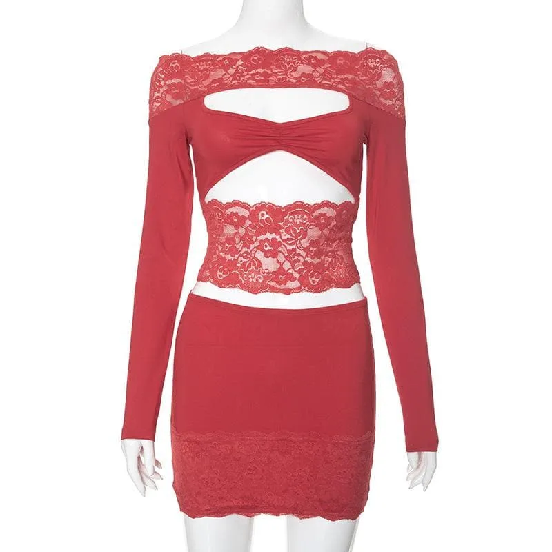 Long sleeve off shoulder lace patchwork hollow out mini skirt set