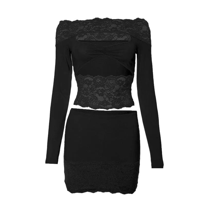 Long sleeve off shoulder lace patchwork hollow out mini skirt set