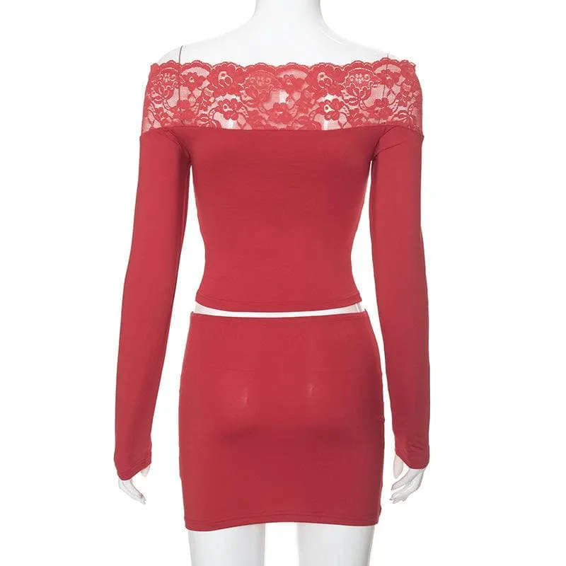 Long sleeve off shoulder lace patchwork hollow out mini skirt set