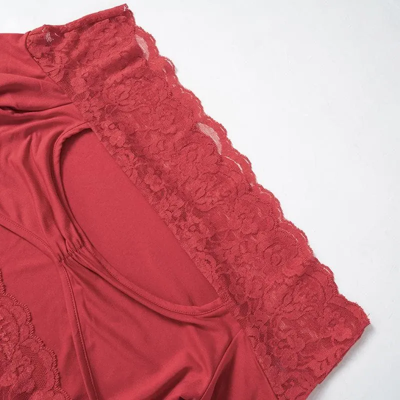 Long sleeve off shoulder lace patchwork hollow out mini skirt set