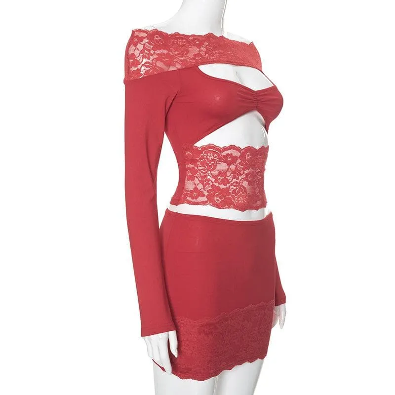 Long sleeve off shoulder lace patchwork hollow out mini skirt set