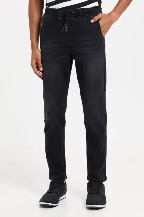 Men Charcoal Knit Denim Joggers