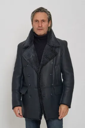 Men's Black Classic Faux Fur Style Leather Coat by TJS