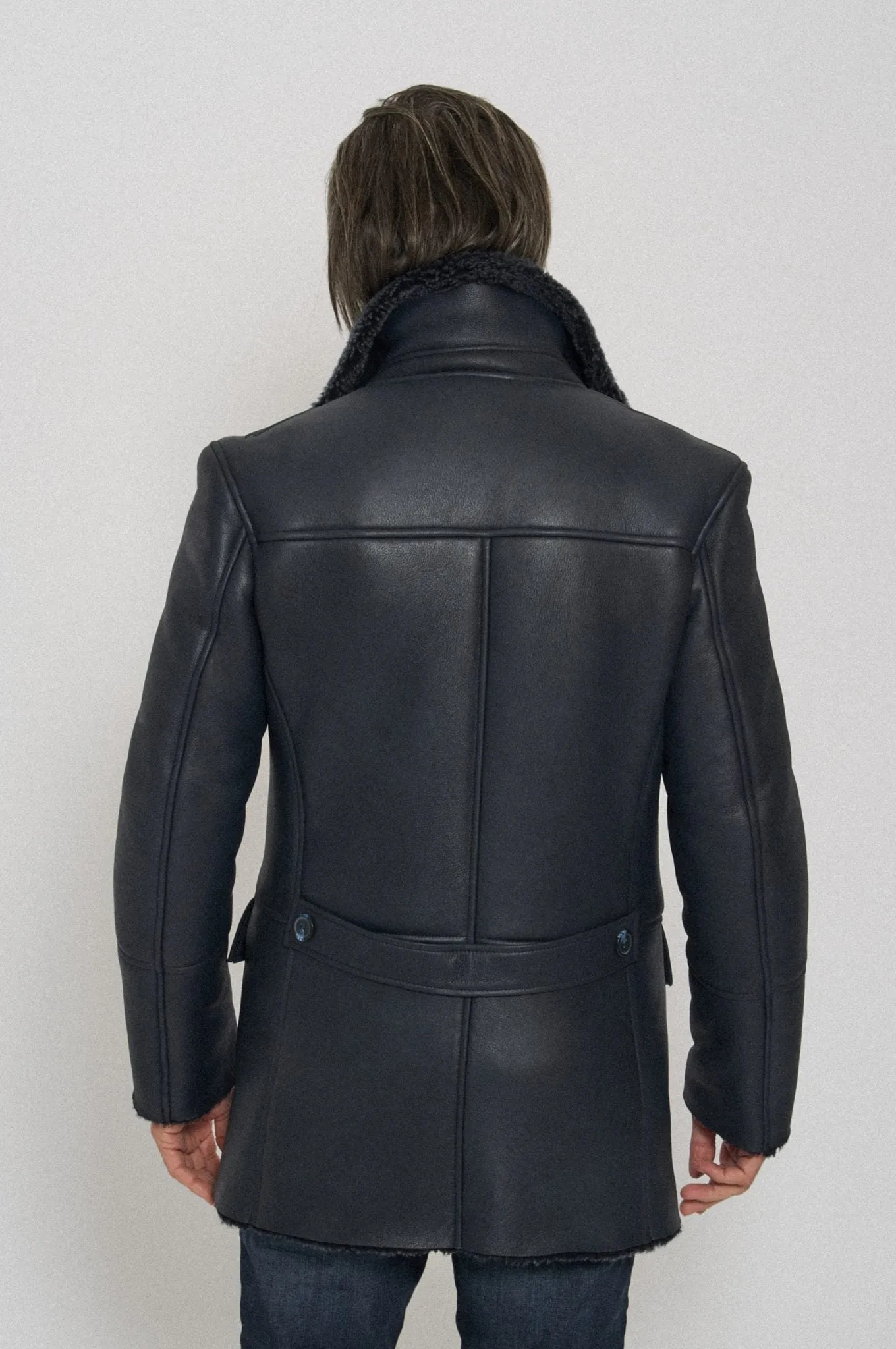 Men's Black Classic Faux Fur Style Leather Coat by TJS