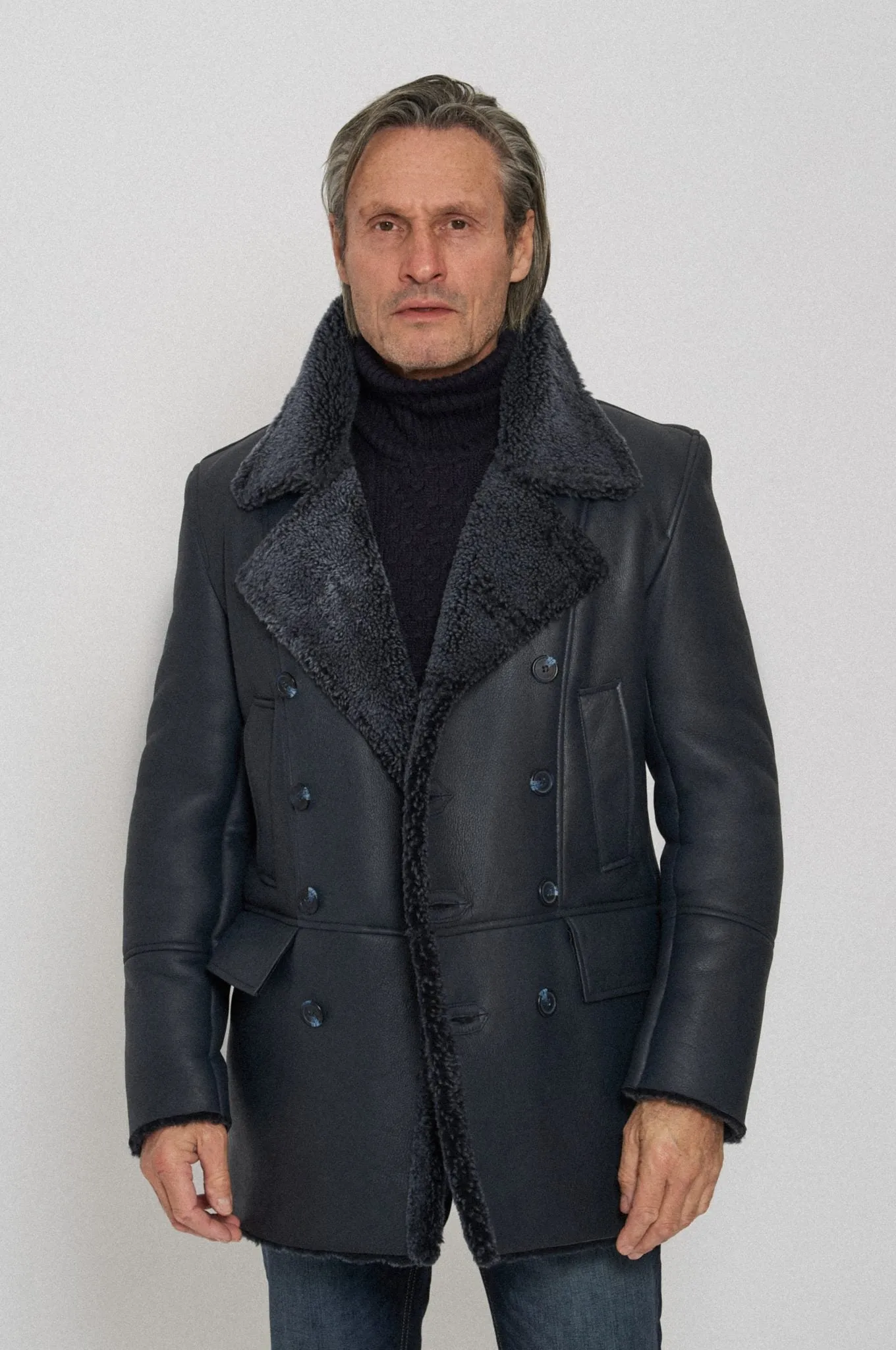 Men's Black Classic Faux Fur Style Leather Coat by TJS