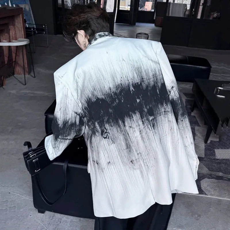 Men's Blazer Contrast Color Letter Printing Personalized Niche Design Male Lapel Double Breasted Suit Jacket 9C4154