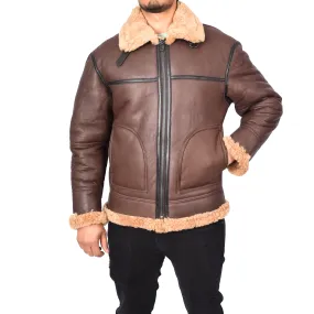 Mens Retro B3 Real Shearling Sheepskin Aviator Flying Jacket Ender Brown