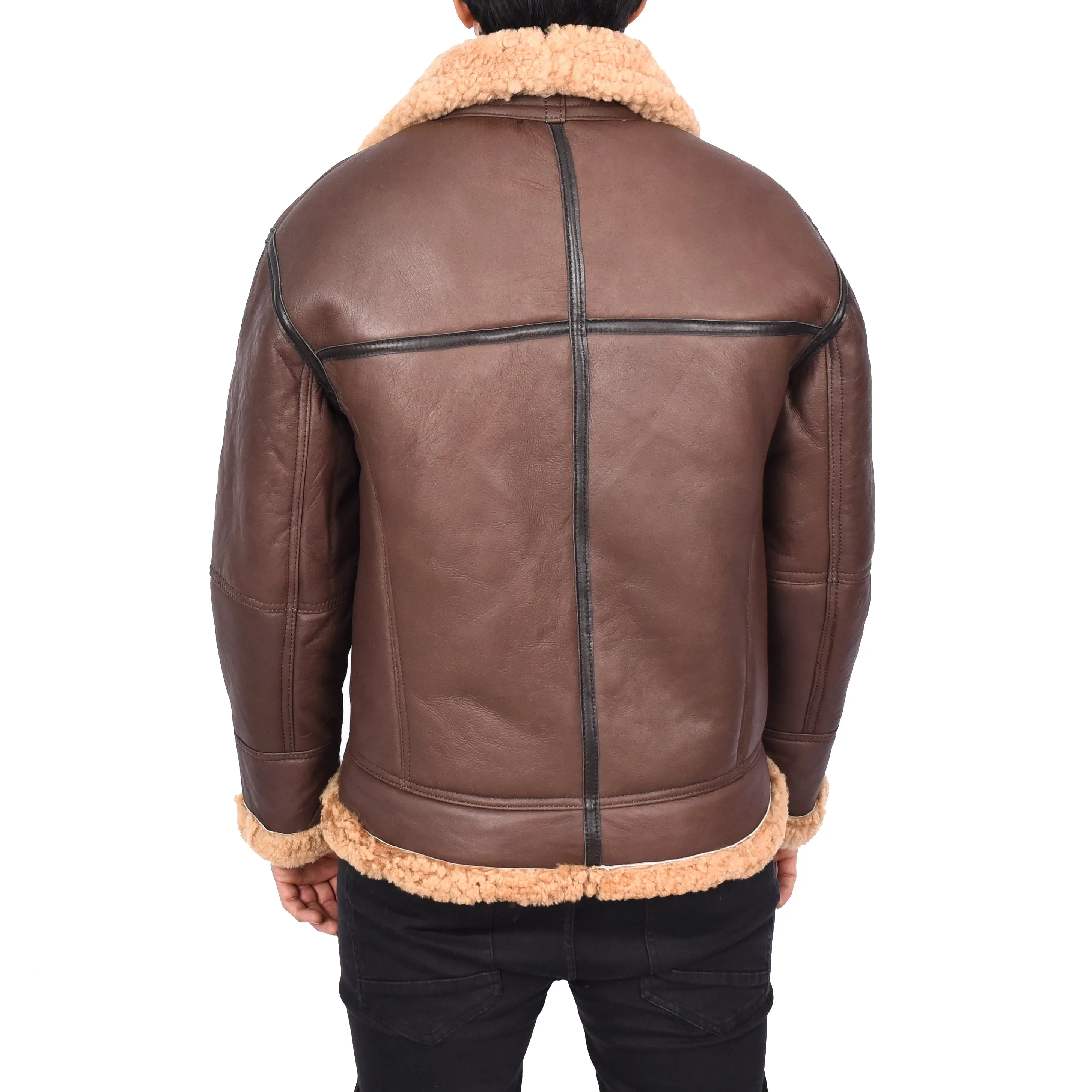 Mens Retro B3 Real Shearling Sheepskin Aviator Flying Jacket Ender Brown