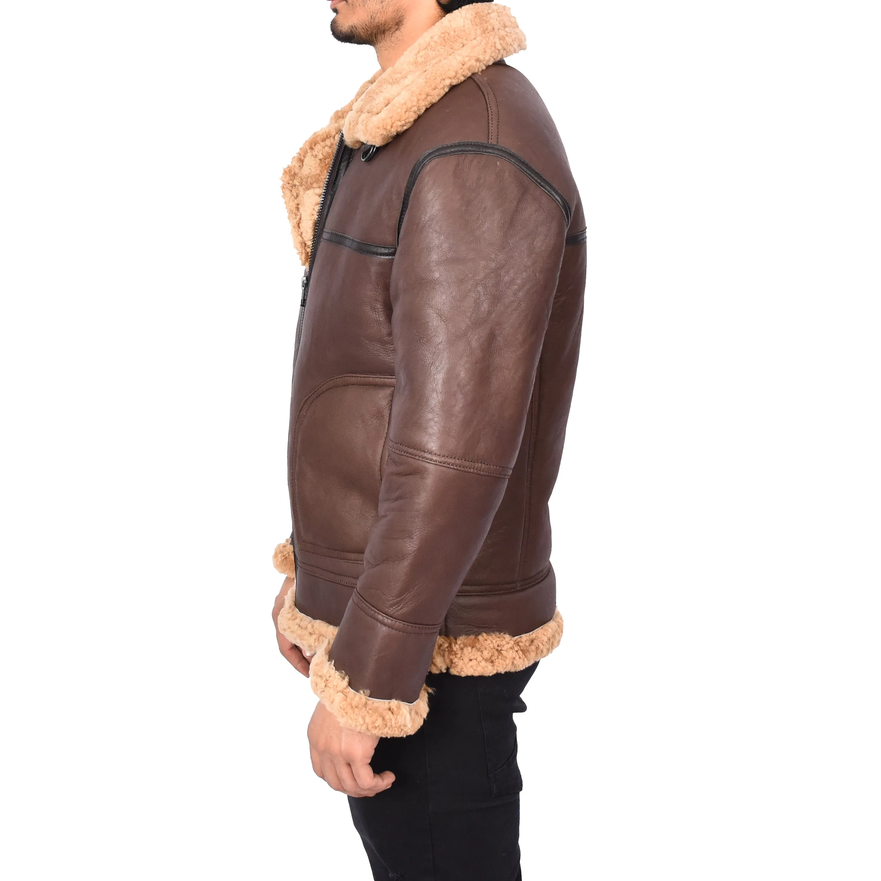 Mens Retro B3 Real Shearling Sheepskin Aviator Flying Jacket Ender Brown