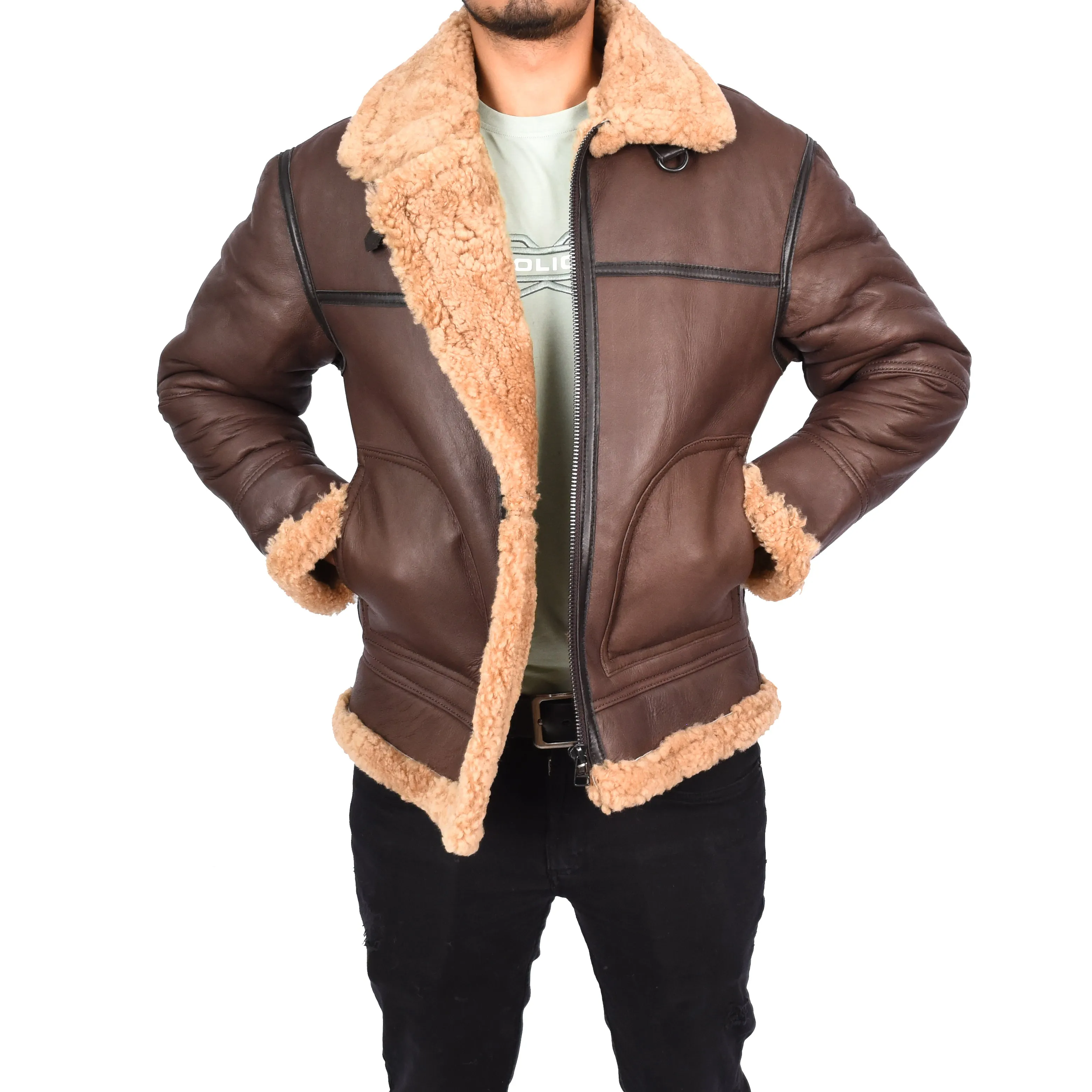 Mens Retro B3 Real Shearling Sheepskin Aviator Flying Jacket Ender Brown