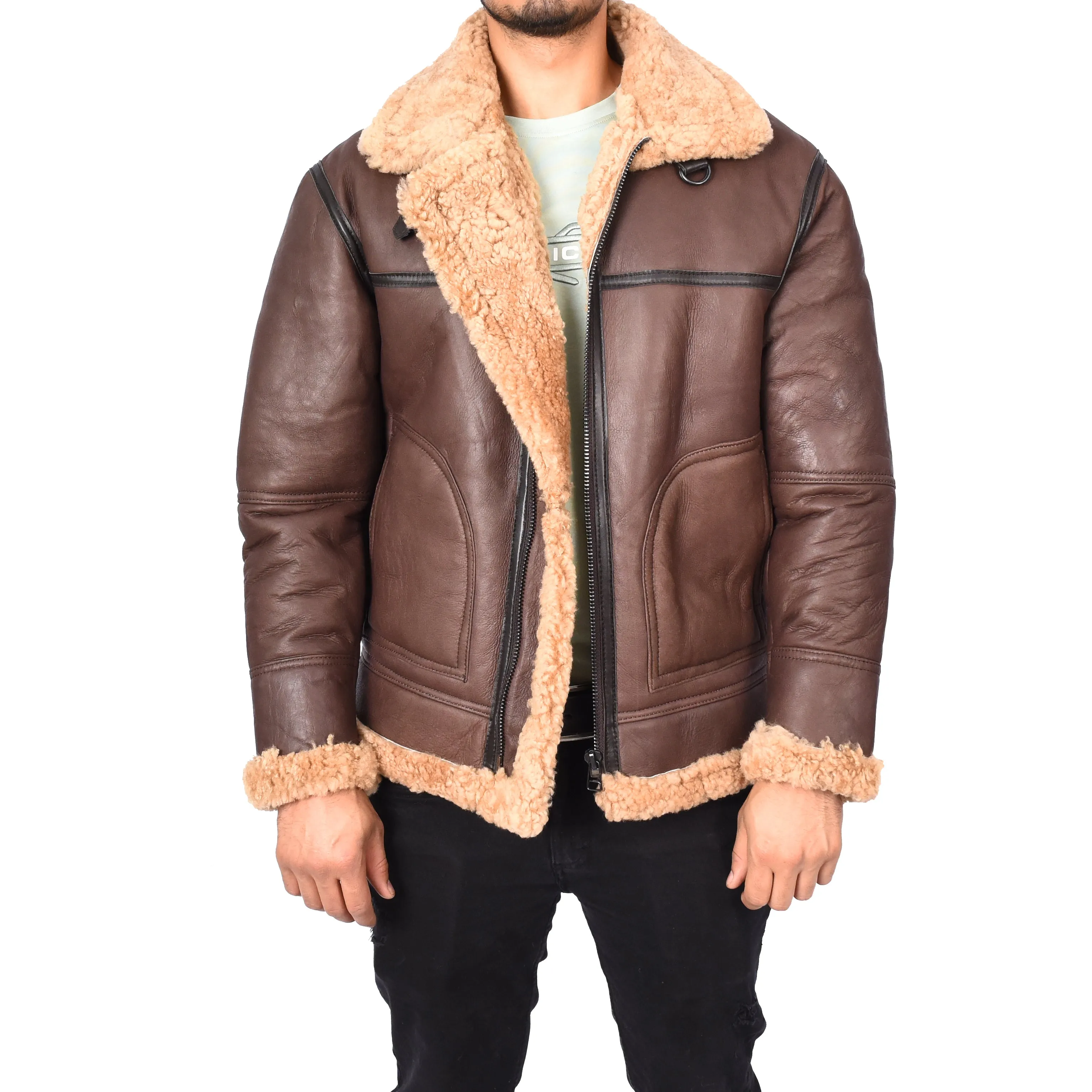 Mens Retro B3 Real Shearling Sheepskin Aviator Flying Jacket Ender Brown