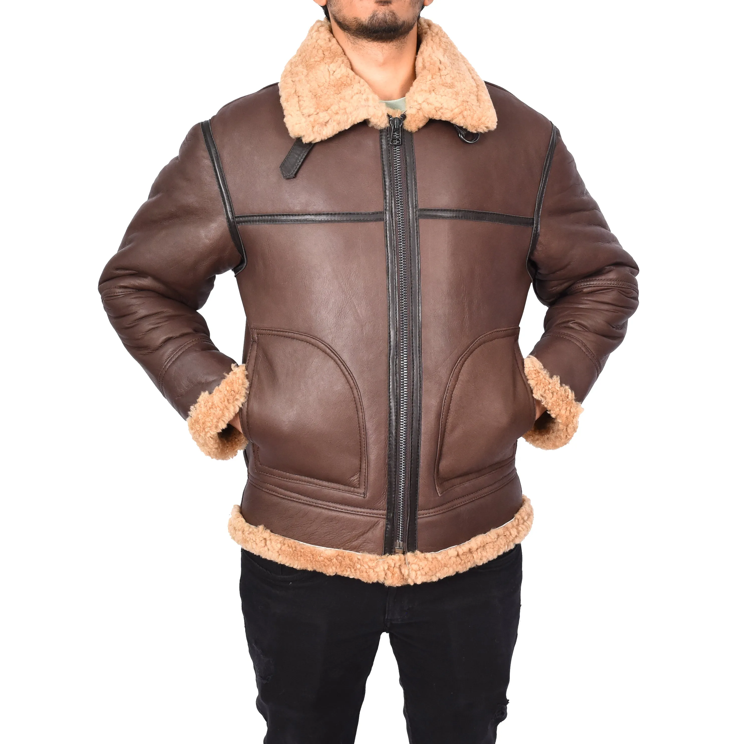 Mens Retro B3 Real Shearling Sheepskin Aviator Flying Jacket Ender Brown