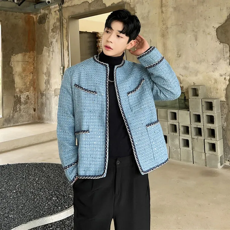 Men's Tweed Cardigan Autumn Winter Trend Collarless Jacket Fashion Korean Style Elgance Coat Personalized 9C2554