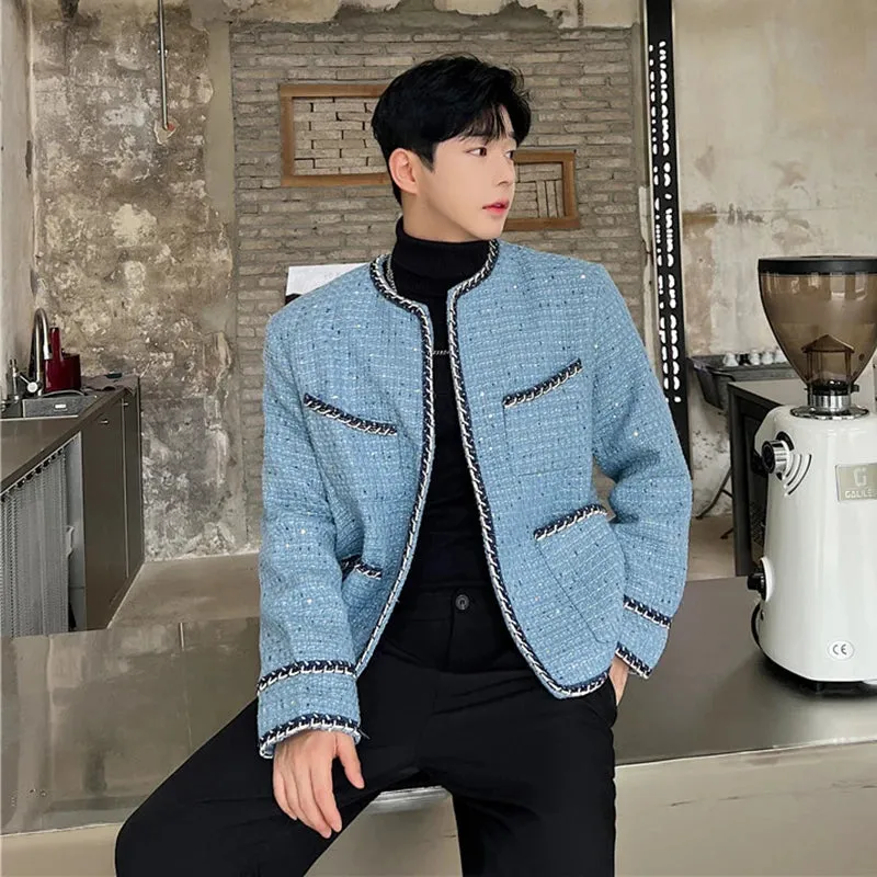 Men's Tweed Cardigan Autumn Winter Trend Collarless Jacket Fashion Korean Style Elgance Coat Personalized 9C2554