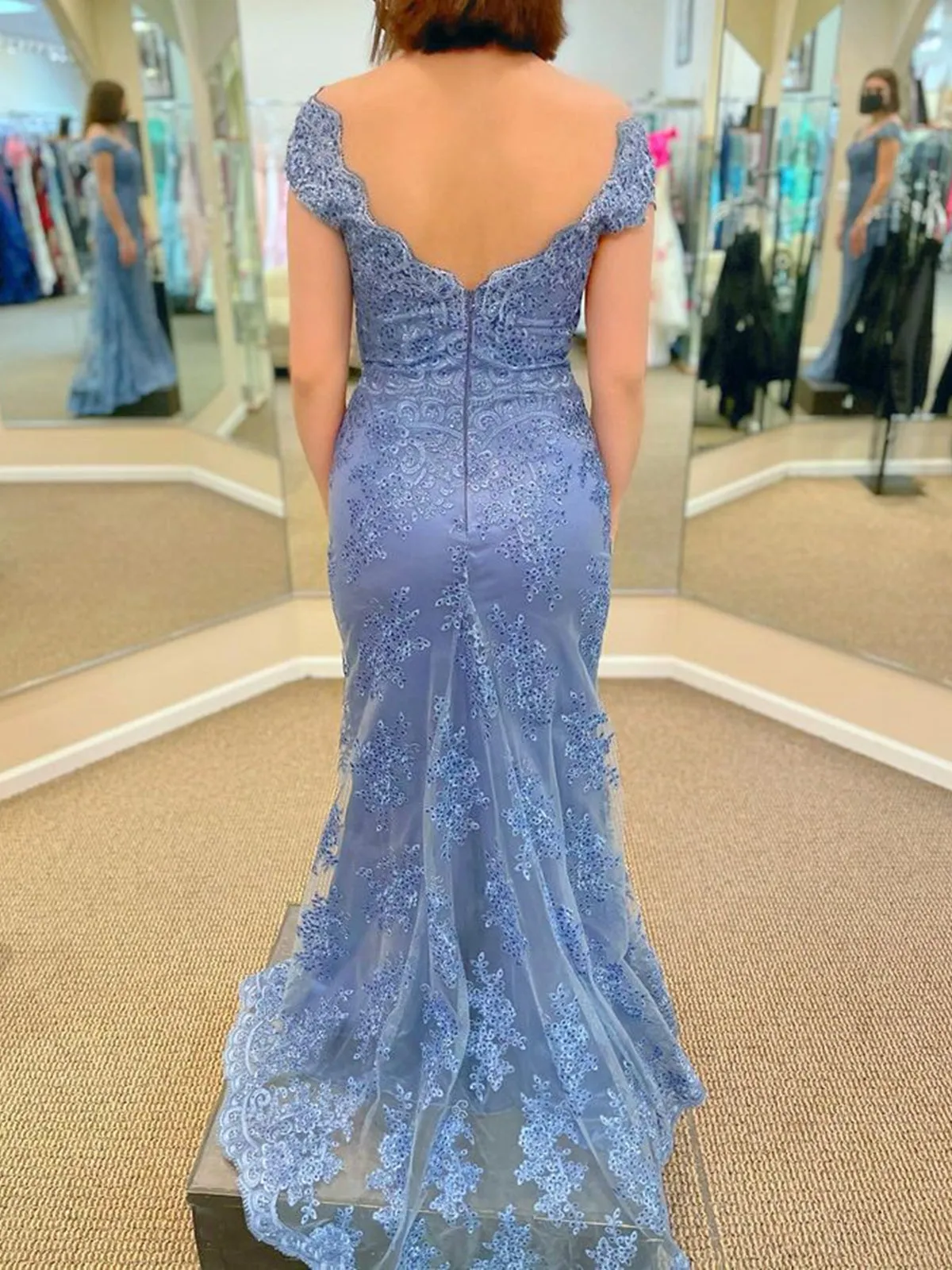 Mermaid Off Shoulder Beaded Blue Lace Long Prom Dresses, Mermaid Blue Formal Dresses, Blue Lace Evening Dresses