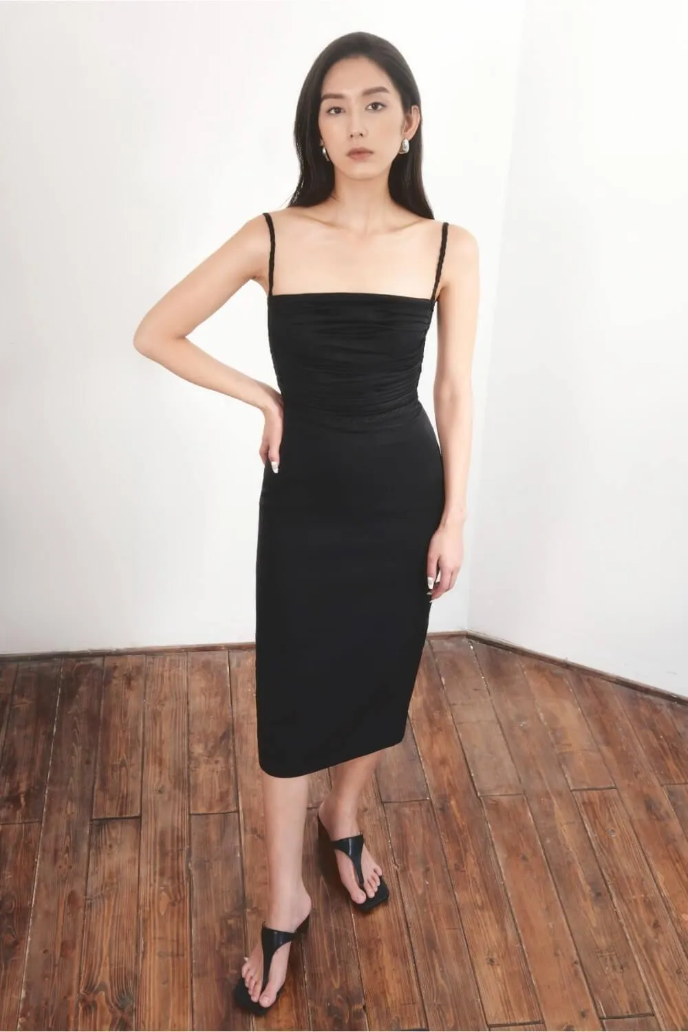 Noami Pencil Pleated Chest Tussah Silk Midi Dress