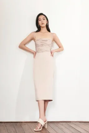 Noami Pencil Pleated Chest Tussah Silk Midi Dress