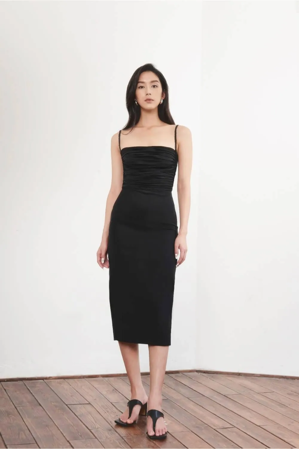 Noami Pencil Pleated Chest Tussah Silk Midi Dress