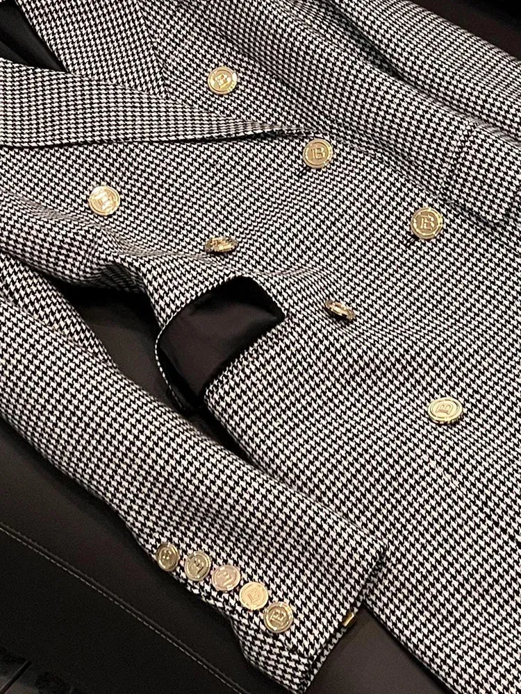 Pre Order:  Decorative Gold Buttons Houndstooth Coat