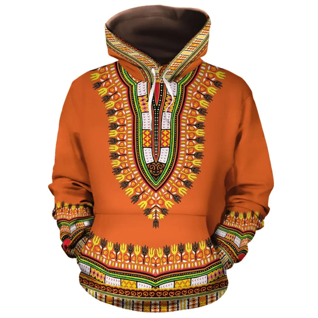 Printed Dashiki In Orange Fleece All-over Hoodie And Joggers Set