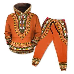 Printed Dashiki In Orange Fleece All-over Hoodie And Joggers Set