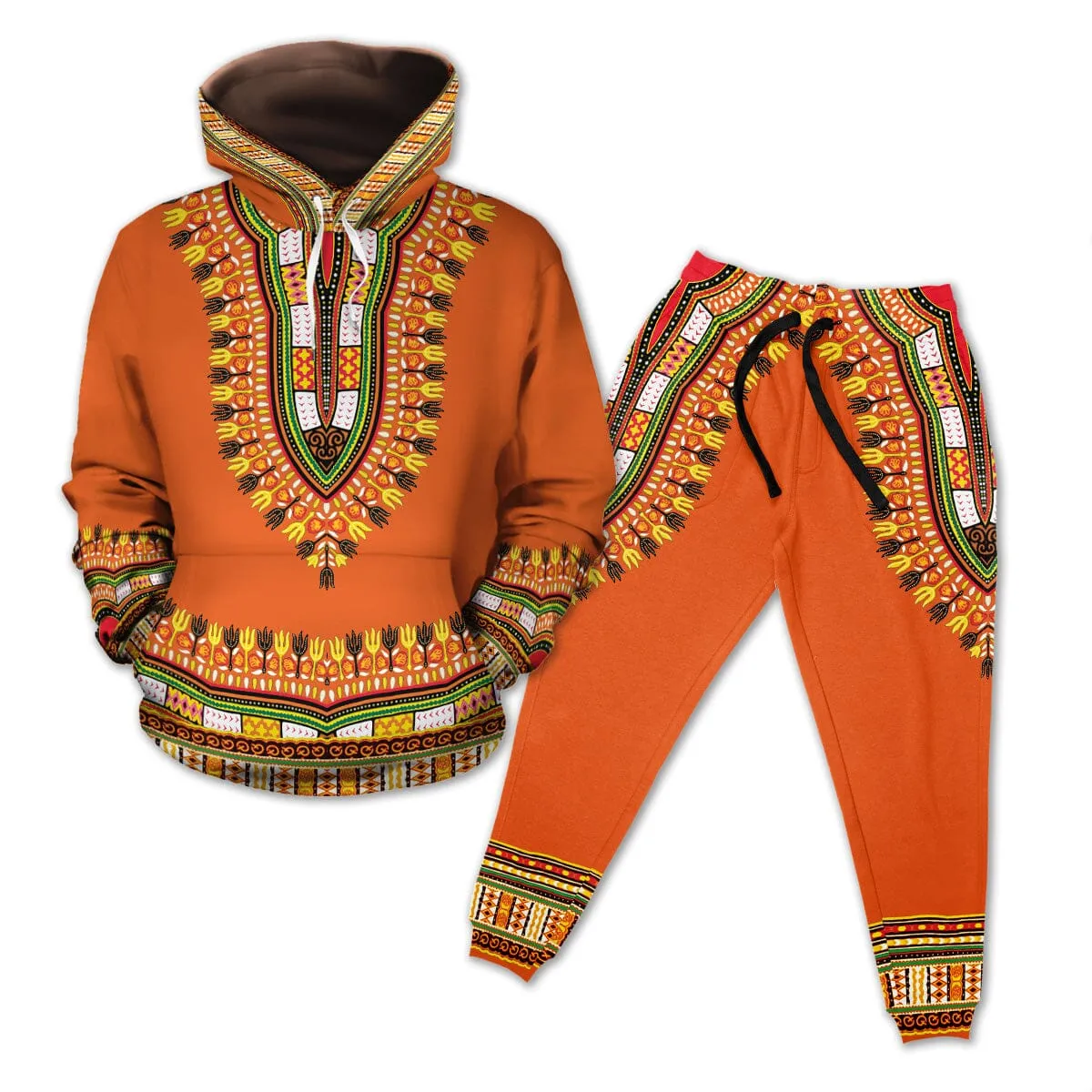 Printed Dashiki In Orange Fleece All-over Hoodie And Joggers Set